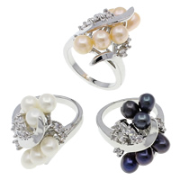 Freshwater Pearl Finger Ring, Brass, with pearl, Oval, platinum color plated, with cubic zirconia, mixed colors, nickel, lead & cadmium free, 5-6mm, 23x32x27mm, US Ring Size:9, 36PCs/Box, Sold By Box
