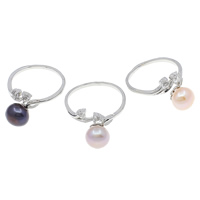 Freshwater Pearl Finger Ring, Brass, with pearl, Flat Round, platinum color plated, with cubic zirconia, mixed colors, nickel, lead & cadmium free, 9-10mm, 21x28x14mm, US Ring Size:9, 36PCs/Box, Sold By Box