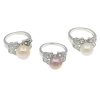 Freshwater Pearl Finger Ring, Brass, with pearl, brass lobster clasp, with 5.5cm extender chain, Flat Round, platinum color plated, with cubic zirconia, mixed colors, nickel, lead & cadmium free, 10-11mm, 22x30x12mm, US Ring Size:7.5, 36PCs/Box, Sold By Box