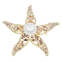 Rhinestone Brooch Brass with pearl Starfish gold color plated with rhinestone nickel lead & cadmium free 10-11mm Sold By PC