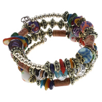 Memory Wire Bracelet, Polymer Clay, with Lampwork & Wood & Copper Coated Plastic, plated, charm bracelet & 3-strand, 11mm, 12x7mm, 12x9mm, Length:Approx 7.5 Inch, 12Strands/Bag, Sold By Bag