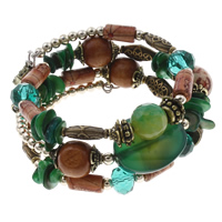 Memory Wire Bracelet, Green Agate, with Crystal & Wood & Copper Coated Plastic & Tibetan Style, plated, beaded bracelet & 3-strand & faceted, 25x20x6mm, 13x12mm, 11mm, Length:Approx 7.5 Inch, 12Strands/Bag, Sold By Bag