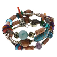 Memory Wire Bracelet, Blue Agate, with Turquoise & Wood & Copper Coated Plastic & Tibetan Style, plated, beaded bracelet & 3-strand, 25x20x11mm, 13x12mm, 13x7mm, Length:Approx 7.5 Inch, 12Strands/Bag, Sold By Bag