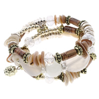 Memory Wire Bracelet, White Agate, with Crystal & Wood & Copper Coated Plastic & Tibetan Style, plated, beaded bracelet & 3-strand & faceted, 22x17x6mm, 12mm, 12x5mm, Length:Approx 7.5 Inch, 12Strands/Bag, Sold By Bag