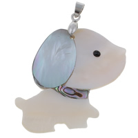 Natural Mosaic Shell Pendants, Freshwater Shell, with brass bail & Black Shell & Abalone Shell, Dog, platinum color plated, with rhinestone, 48x43x5mm, Hole:Approx 5x7mm, 10PCs/Bag, Sold By Bag