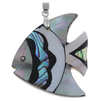 Natural Mosaic Shell Pendants, Black Shell, with brass bail & Freshwater Shell & Abalone Shell & Resin, Fish, platinum color plated, 40x47x4mm, Hole:Approx 4x5mm, 10PCs/Bag, Sold By Bag