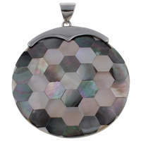 Naturlig Mosaic Shell Pendler, Black Shell, med Freshwater Shell & Zinc Alloy, Flad Rund, platin farve forgyldt, mosaik, 49x55x7mm, Hole:Ca. 6x7mm, 10pc'er/Bag, Solgt af Bag