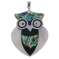 Natural Mosaic Shell Pendants, Freshwater Shell, with brass bail & Abalone Shell & Resin, Owl, platinum color plated, 40x52x4mm, Hole:Approx 4x5mm, 10PCs/Bag, Sold By Bag