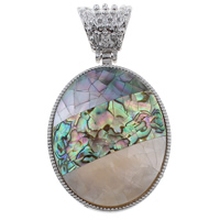 Natural Mosaic Shell Pendants, Freshwater Shell, with Black Shell & Abalone Shell & Tibetan Style, Flat Oval, platinum color plated, 43x60x8mm, Hole:Approx 8x12mm, 10PCs/Bag, Sold By Bag
