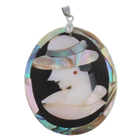 Natural Mosaic Shell Pendants, Freshwater Shell, with brass bail & Black Shell & Abalone Shell & Resin, Flat Oval, platinum color plated, lady cameo & with rhinestone, 44x56x4mm, Hole:Approx 4x6mm, 10PCs/Bag, Sold By Bag