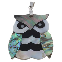 Natural Mosaic Shell Pendants, Freshwater Shell, with brass bail & Black Shell & Abalone Shell & Resin, Owl, platinum color plated, 42x46x4mm, Hole:Approx 4x6mm, 10PCs/Bag, Sold By Bag