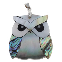 Natural Mosaic Shell Pendants, Black Shell, with brass bail & Freshwater Shell & Abalone Shell & Resin, Owl, platinum color plated, 39x44x4mm, Hole:Approx 4x6mm, 10PCs/Bag, Sold By Bag