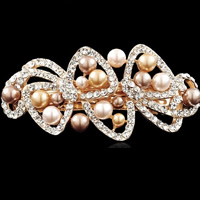 Tibetan Style Hair Barrette, with ABS Plastic, gold color plated, imitation pearl & with rhinestone, nickel, lead & cadmium free, 85x42mm, 3PCs/Bag, Sold By Bag