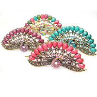 Tibetan Style Alligator Hair Clip, with Resin, Peacock, antique bronze color plated, faceted & with rhinestone, mixed colors, nickel, lead & cadmium free, 115x55mm, 3PCs/Bag, Sold By Bag