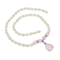 Freshwater Pearl Necklace Component with Dyed Jade & Brass Teardrop natural with rhinestone pink 5-6mm 8mm Approx 0.8mm Sold Per Approx 15.7 Inch Strand