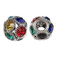 Rhinestone Brass Beads, Drum, platinum color plated, with rhinestone & large hole & hollow, multi-colored, nickel, lead & cadmium free, 14x15mm, Hole:Approx 6mm, 50PCs/Lot, Sold By Lot