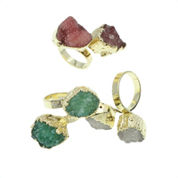 Druzy палец кольцо, Латунь, с Ледниковый кварц-агат, плакирован золотом, druzy стиль, разноцветный, не содержит никель, свинец, 15x14x12mm, размер:6.5, 3ПК/сумка, продается сумка