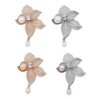 Freshwater Pearl Brooch, Brass, with pearl, Flower, plated, can be used as brooch or pendant & with rhinestone, more colors for choice, nickel, lead & cadmium free, 44x71x12mm, Hole:Approx 8x7mm, Sold By PC
