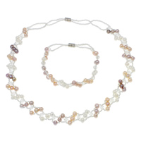 Natural Cultured Freshwater Pearl Jewelry Sets, bracelet & necklace, with Crystal & Glass Seed Beads, brass magnetic clasp, Potato, faceted, multi-colored, 4x4mm, 5-6mm, Length:Approx 7.5 Inch, Approx 16.5 Inch, Sold By Set