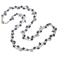 Sladkovodní Pearl svetr řetěz náhrdelník, s Skleněné perličky & Ametyst, mosaz magnetické zavírání, Února kámen & 3-pramenné, 6-7mm, 6-11mm, Prodáno za Cca 29 inch Strand