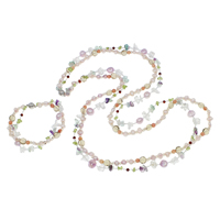 Natural Cultured Freshwater Pearl Jewelry Sets sweater chain necklace & bracelet with Crystal & Glass Seed Beads & Quartz brass magnetic clasp faceted &  multi-colored 7-8mm Length Approx 6 Inch Approx 29 Inch Sold By Set