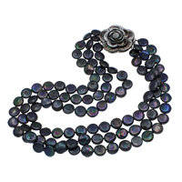 Přírodní Sladkovodní Pearl náhrdelník, s Black Shell, mosaz box zavírací, Mince, 3-pramenné, tmavě fialová, 14-15mm, 46x47x15mm, Prodáno za Cca 18.5 inch Strand
