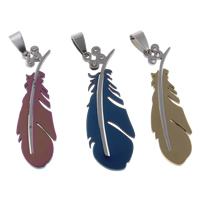 Stainless Steel Pendants, Feather, electrophoresis, with rhinestone, more colors for choice, 17x50x2mm, Hole:Approx 4x8mm, 10PCs/Bag, Sold By Bag