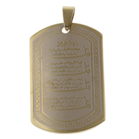 Bijoux pendentifs en acier inoxydable , rectangle, Placage de couleur d'or, Islam bijoux, 28x45x2mm, Trou:Environ 4x8mm, 10PC/sac, Vendu par sac