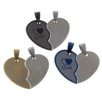 Stainless Steel Couple Pendants, Heart, word love, plated, for couple, more colors for choice, 35x27x2mm, Hole:Approx 4x8mm, 10Pairs/Bag, Sold By Bag