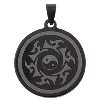 Stainless Steel Pendants, Flat Round, black ionic, ying yang, 33x37x1.50mm, Hole:Approx 4x8mm, 10PCs/Bag, Sold By Bag