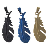 Stainless Steel Pendants, Feather, plated, more colors for choice, 18x48x1mm, Hole:Approx 4x8mm, 10PCs/Bag, Sold By Bag