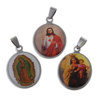 Stainless Steel Pendants, Flat Oval, epoxy gel, mixed pattern & Christian Jewelry, 25x35x4mm, Hole:Approx 4x8mm, 10PCs/Bag, Sold By Bag