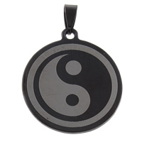 Stainless Steel Pendants, Flat Round, black ionic, ying yang, 33x37.50x1.50mm, Hole:Approx 5x9mm, 10PCs/Bag, Sold By Bag
