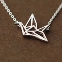 925 Sterling Silver Necklace, with 1.5lnch extender chain, Thousand Origami Cranes, oval chain & hollow, 16x15mm, Length:Approx 14.5 Inch, 10Strands/Lot, Sold By Lot