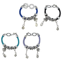 Tibetan Style Bracelet, with PU Leather, platinum color plated, charm bracelet & with letter pattern & enamel & with rhinestone, more colors for choice, nickel, lead & cadmium free, 9x14mm, 17x16x2.5mm, 10x14x1.5mm, 3x5mm, 5x11mm, 4x14mm, 11x14x1.5mm, 6mm, Length:Approx 9.5 Inch, 10Strands/Lot, Sold By Lot