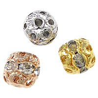 Rhinestone Brass Beads, Drum, plated, with rhinestone & hollow, more colors for choice, nickel, lead & cadmium free, 6x6mm, Hole:Approx 1mm, 100PCs/Lot, Sold By Lot