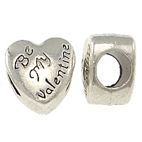 Tibetan Style European Beads, Heart, word be my valentine, antique silver color plated, with letter pattern & without troll, nickel, lead & cadmium free, 10x10x8mm, Hole:Approx 5mm, 100PCs/Lot, Sold By Lot