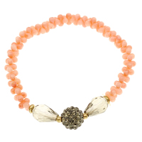 Natural Coral Bracelet, with Clay Pave & Crystal, with 54 pcs rhinestone & faceted, light orange, 4x1.5mm, 6x3mm, 8x11.5mm, 10x9mm, Sold Per Approx 6 Inch Strand