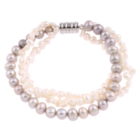 Freshwater Cultured Pearl Bracelet, Freshwater Pearl, brass magnetic clasp, 3-strand & two tone, 6-7mm, 7-8mm, Sold Per Approx 7.5 Inch Strand