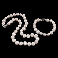 Natural Cultured Freshwater Pearl Jewelry Sets, bracelet & necklace, brass foldover clasp, Baroque, white, 11-12mm, Length:Approx 7.5 Inch, Approx 18 Inch, Sold By Set