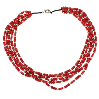 Natürliche Koralle Halskette, mit Nylonschnur & Kristall, Messing Federring Verschluss, mit Verlängerungskettchen von 5cm, 5-litzig, rot, 4x3mm, 4x8mm, 5x4mm, verkauft per ca. 20.5 ZollInch Strang