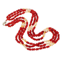 Natural Coral Necklace with Freshwater Pearl & Crystal brass lobster clasp  & faceted  6-7mm Sold Per Approx 19.5 Inch Strand