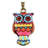 Tibetan Style Animal Pendants, Owl, antique bronze color plated, enamel, multi-colored, nickel, lead & cadmium free, 18x33x3mm, Hole:Approx 2.5x4.5mm, 5PCs/Bag, Sold By Bag
