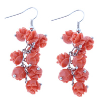 Coral Drop Earring, with Brass, Flower, blood red, 19x55mm, 5Pairs/Bag, Sold By Bag