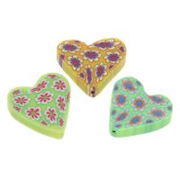 Polymer Clay Beads, Heart, handmade, with flower pattern, mixed colors, 19x18x5mm, Hole:Approx 1mm, 100PCs/Bag, Sold By Bag