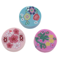 Polymer Clay Beads, Flat Round, handmade, with flower pattern, mixed colors, 20x20x5mm, Hole:Approx 1.5mm, 100PCs/Bag, Sold By Bag