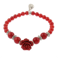 Coral Bracelet, Natural Coral, with Tibetan Style, Flower, antique silver color plated, red, 6mm, 8mm, 14x8mm, Sold Per Approx 7.5 Inch Strand
