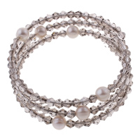 Memory Wire Bracelet, Freshwater Pearl, with Crystal & Iron, Potato, natural, beaded bracelet & 3-strand & faceted, white, 8-9mm, 4.5x4mm, Inner Diameter:Approx 55mm, Length:Approx 6.5 Inch, Sold By PC