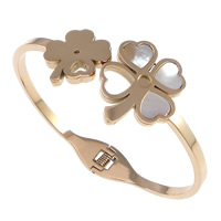 316L Stainless Steel Bangle, with White Shell, Four Leaf Clover, rose gold color plated, 15x18x3mm,20x24x3mm,3mm, Inner Diameter:Approx 60x49mm, Length:Approx 7.5 Inch, 12PCs/Lot, Sold By Lot