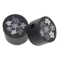 Grânulos de argila de polímero, Roda plana, feito à mão, com padrão de flores, preto, 8x5mm, Buraco:Aprox 1mm, 500PCs/Bag, vendido por Bag